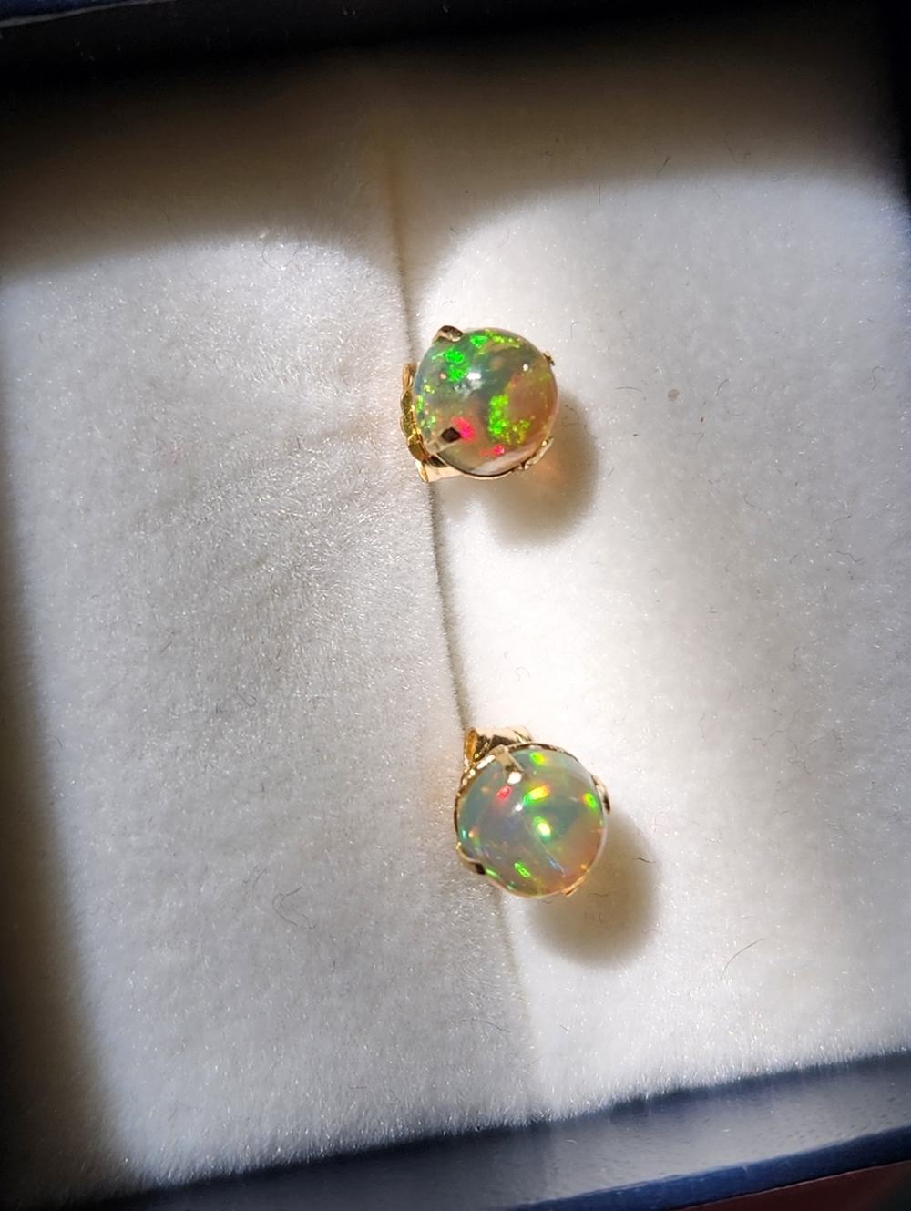 Bella 14K SOLID Yellow Gold 1.18cts Natural Ethiopian Black Forest Opal Earrings - Picture 4 of 17